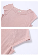 CHOCHENGCO, Vegan scoop neck short sleeve sweater, stretch knit top, 100% Cotton, natural fabric