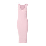 CHOCHENGCO, Vegan v-neck sleeveless slim dress, jersey stretch knit dress, 100% Cotton, natural fabric