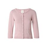 CHOCHENGCO, Vegan round neck three quarter sleeve light knit cardigan, stretch knit top, 100% Cotton, natural fabric