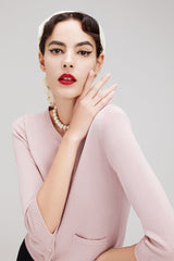 CHOCHENGCO, Vegan round neck three quarter sleeve light knit cardigan, stretch knit top, 100% Cotton, natural fabric