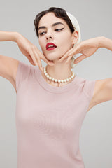 CHOCHENGCO, Vegan scoop neck short sleeve sweater, stretch knit top, 100% Cotton, natural fabric