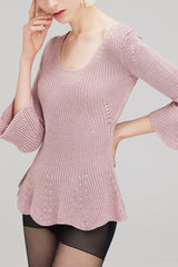 CHOCHENGCO, Vegan square neck flared sleeve sweater, stretch knit top, 100% Cotton, natural fabric