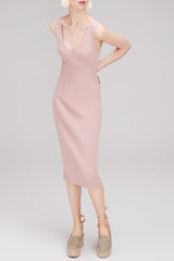 CHOCHENGCO, Vegan v-neck sleeveless slim dress, jersey stretch knit dress, 100% Cotton, natural fabric