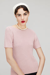 CHOCHENGCO, Vegan boat neck short sleeve sweater, stretch knit top, 100% Cotton, natural fabric