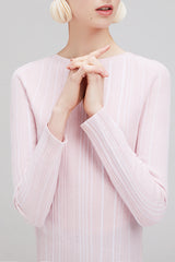 CHOCHENGCO, Vegan stripped round neck long sleeve Sweater, stretch jersey knit top, 100% Cotton, natural fabric