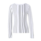 CHOCHENGCO, Vegan stripped round neck long sleeve Sweater, stretch jersey knit top, 100% Cotton, natural fabric