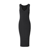 CHOCHENGCO, Vegan v-neck sleeveless slim dress, jersey stretch knit dress, 100% Cotton, natural fabric